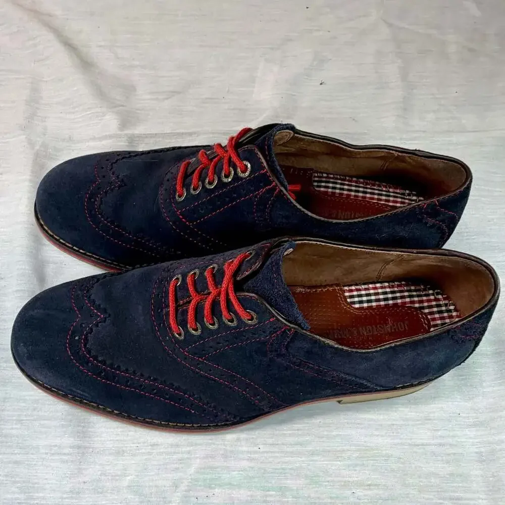 Johnston & Murphy Navy Blue Suede Wingtip Oxford Brogues with Red Laces